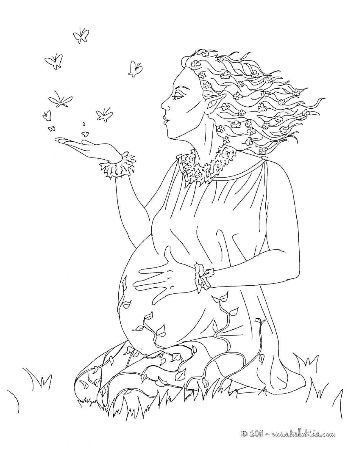 На раскраске изображено: Беременность, Женщина, Трава, Арт, Природа, На коленях, Ожидание