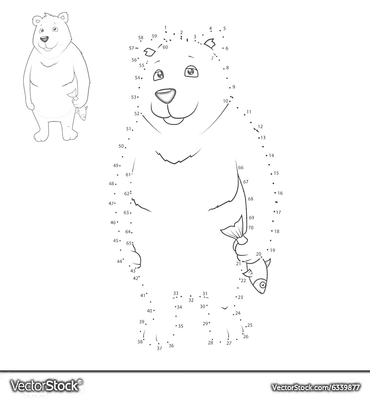 На раскраске изображено: Медведь, Рыба, По точкам, Соединение, Точки