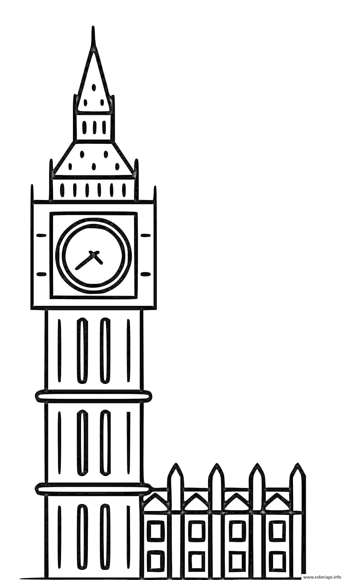 На раскраске изображено: Биг Бен, Часы, Архитектура, Здание, Лондон, Для детей