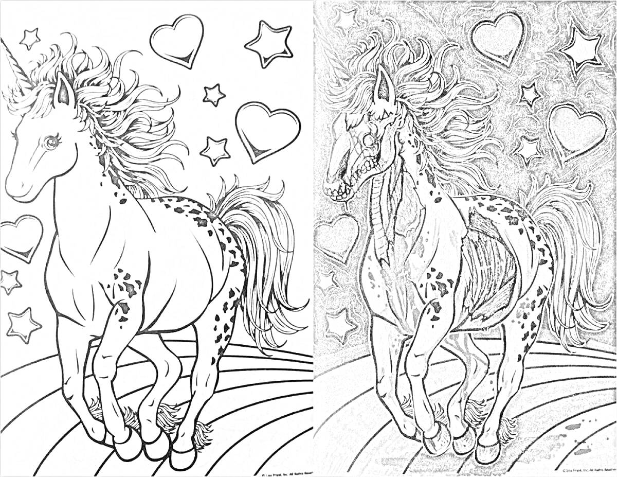 Раскраска Единорог с сердцами и звездами на фоне радуги