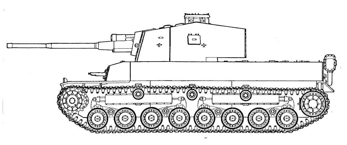 Раскраска Танк с длинным стволом и бронированным корпусом, сбоку, на гусеничном ходу, с видимой пушкой и деталями подвески, с башней на крыше