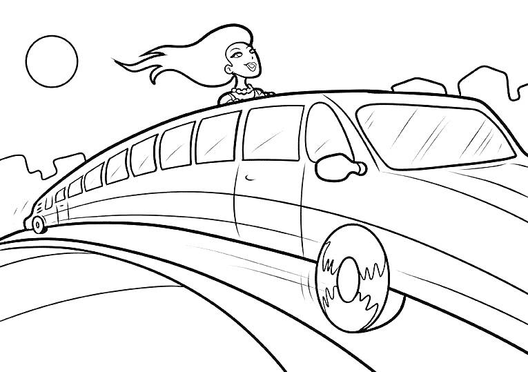 Раскраска Лимузин с девушкой и городским пейзажем