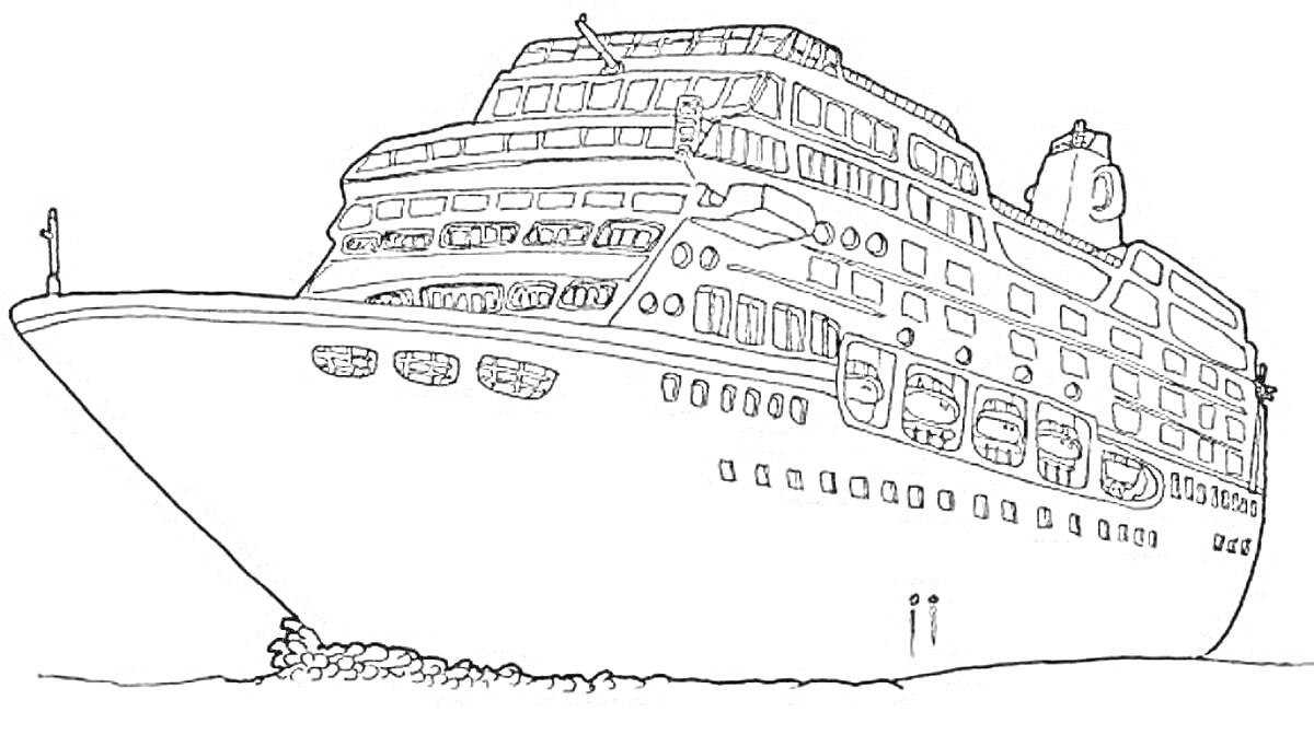 Раскраска пассажирский лайнер с иллюминаторами и палубами, капитанская рубка, человек на носу
