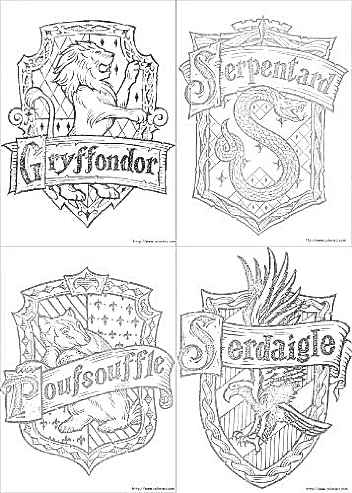 Раскраска с гербами факультетов Гарри Поттера: Гриффиндор, Слизерин, Пуффендуй и Когтевран, с соответствующими животными и надписями