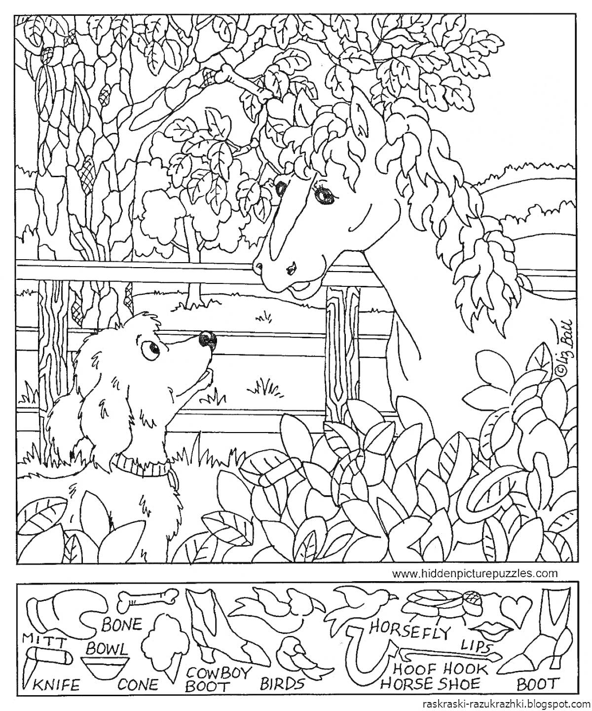 Раскраска Собака и лошадь на фоне деревьев и забора, предметы для поиска: варежка, кость, миска, миска для корма, ковбойский сапог, конус, нож, ботинок, птицы, подкова, копыто, полевой цветок, губы, башмак.