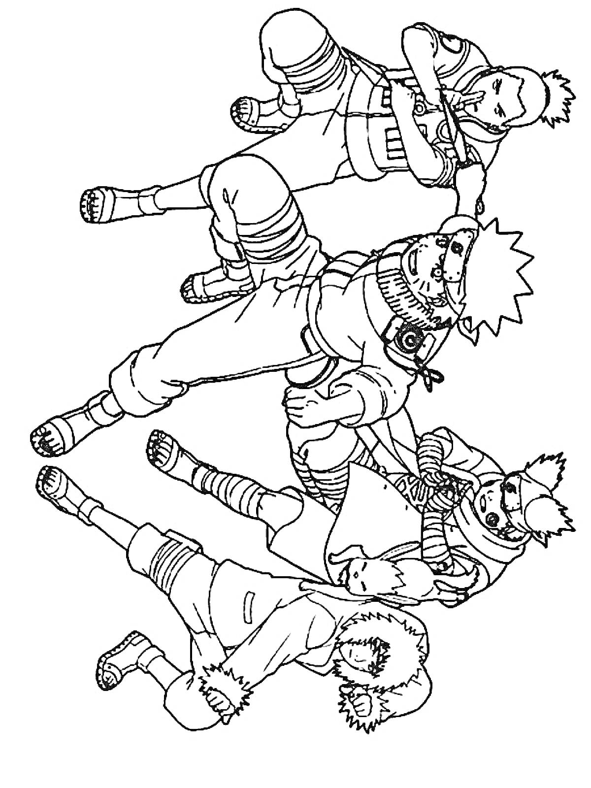 Раскраска Четыре персонажа из Наруто в боевой стойке