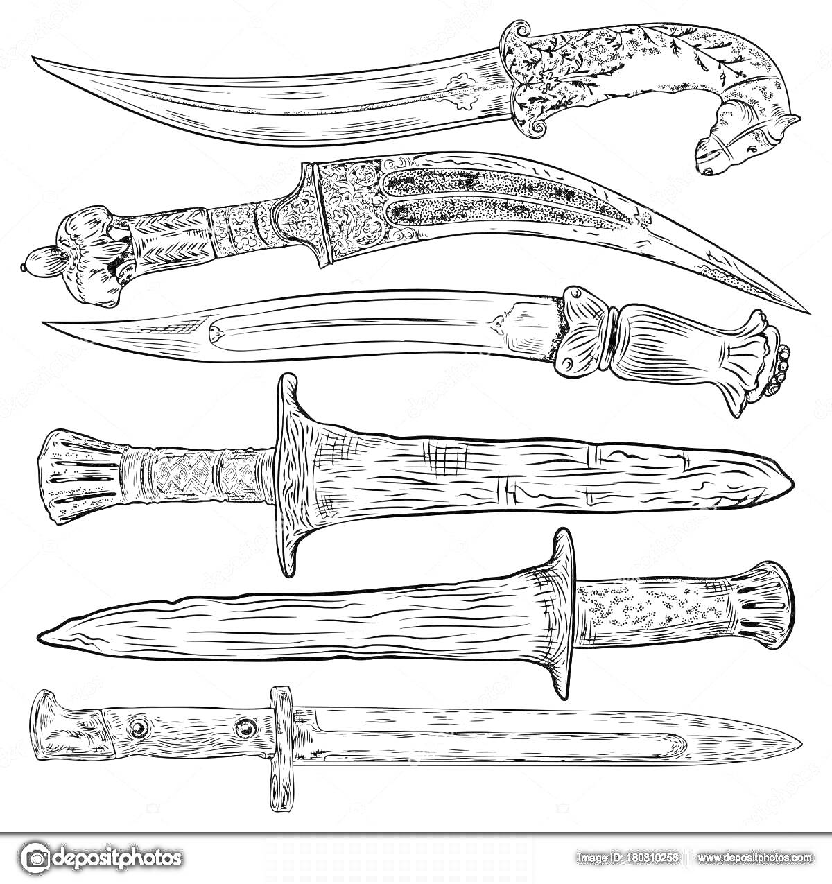 Раскраска Различные виды ножей с узорчатыми рукоятками и лезвиями