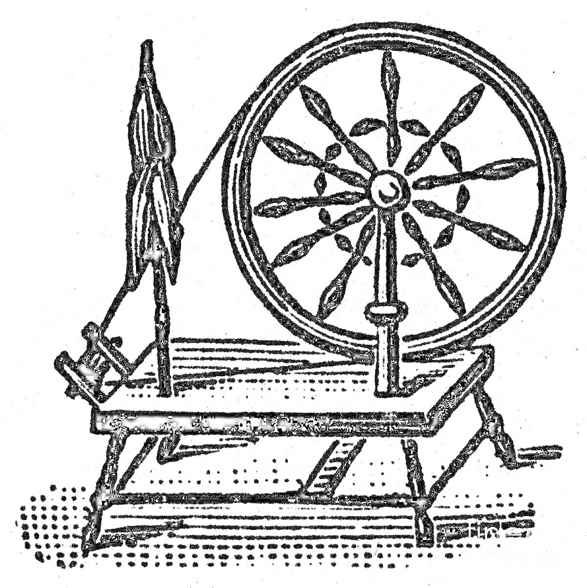 Раскраска Старинная прялка с колесом и оправой на деревянной основе