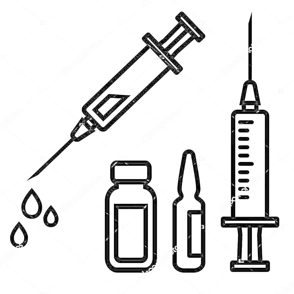 На раскраске изображено: Шприц, Капли, Инъекция, Ампула, Медицина, Вакцинация, Медицинская иллюстрация