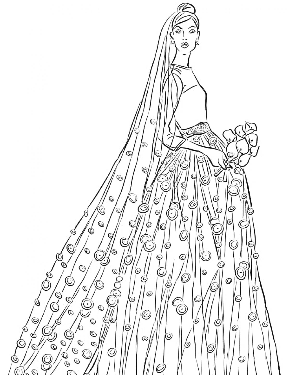 На раскраске изображено: Невеста, Свадьба, Свадебное платье, Вуаль, Букет цветов, Жених и невеста