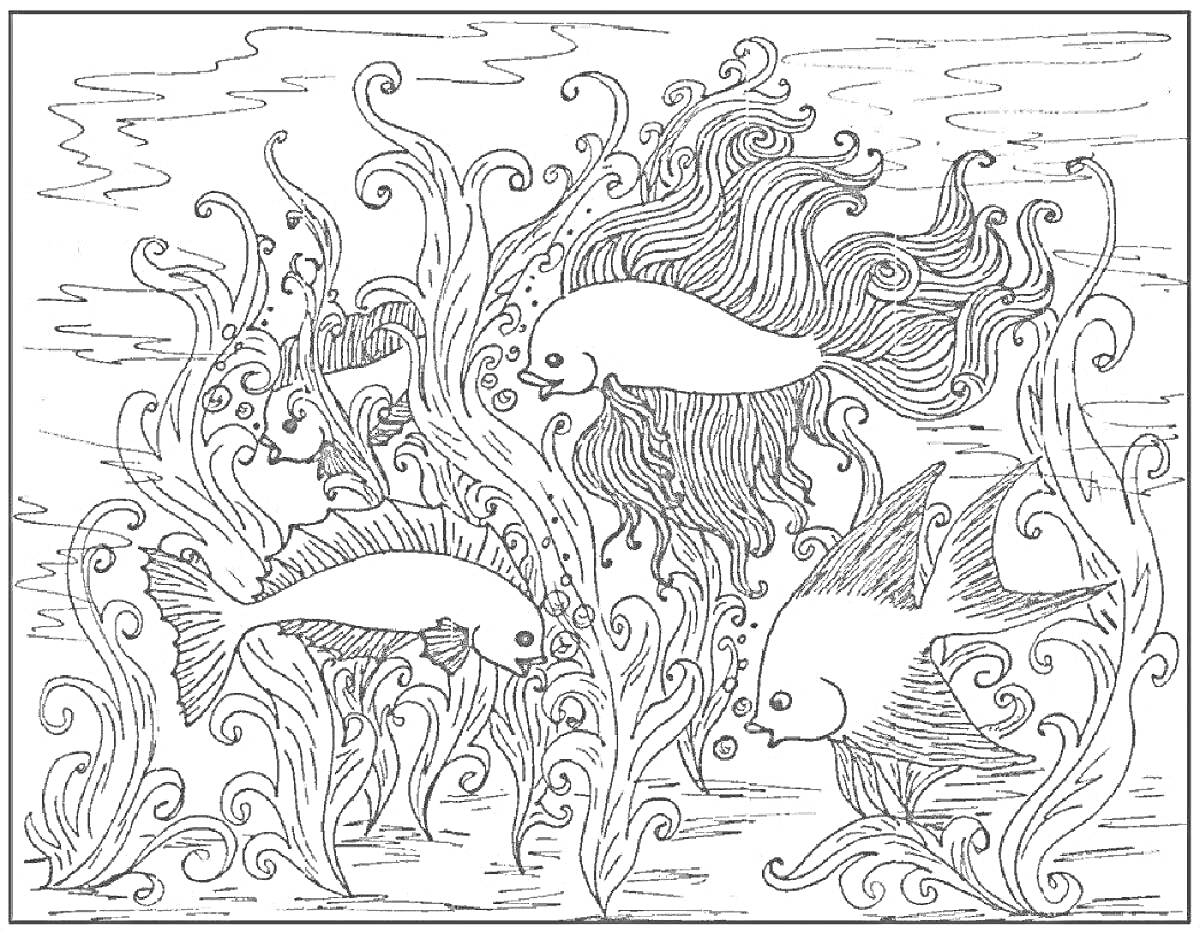 Раскраска Рисунок с пятью рыбками среди подводных водорослей и водной ряби