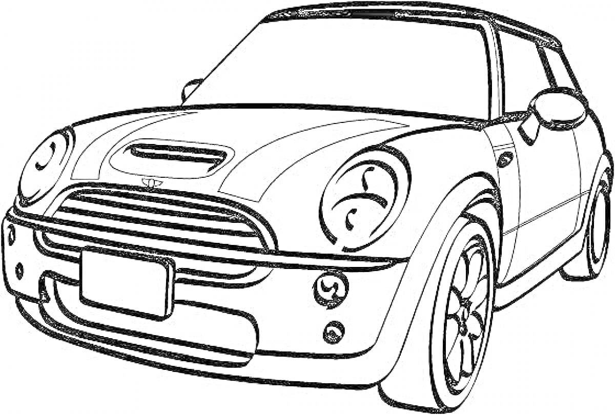 Раскраска Легковой автомобиль Mini Cooper с фарами, капотом, колесами и бампером