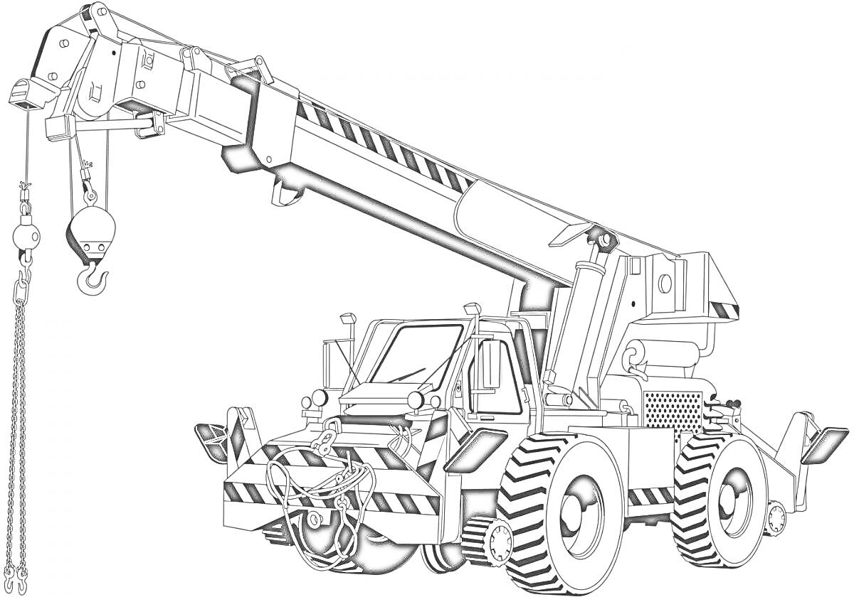 Раскраска Подъемный кран на колесах с выдвижной стрелой, крюком, и лебедкой