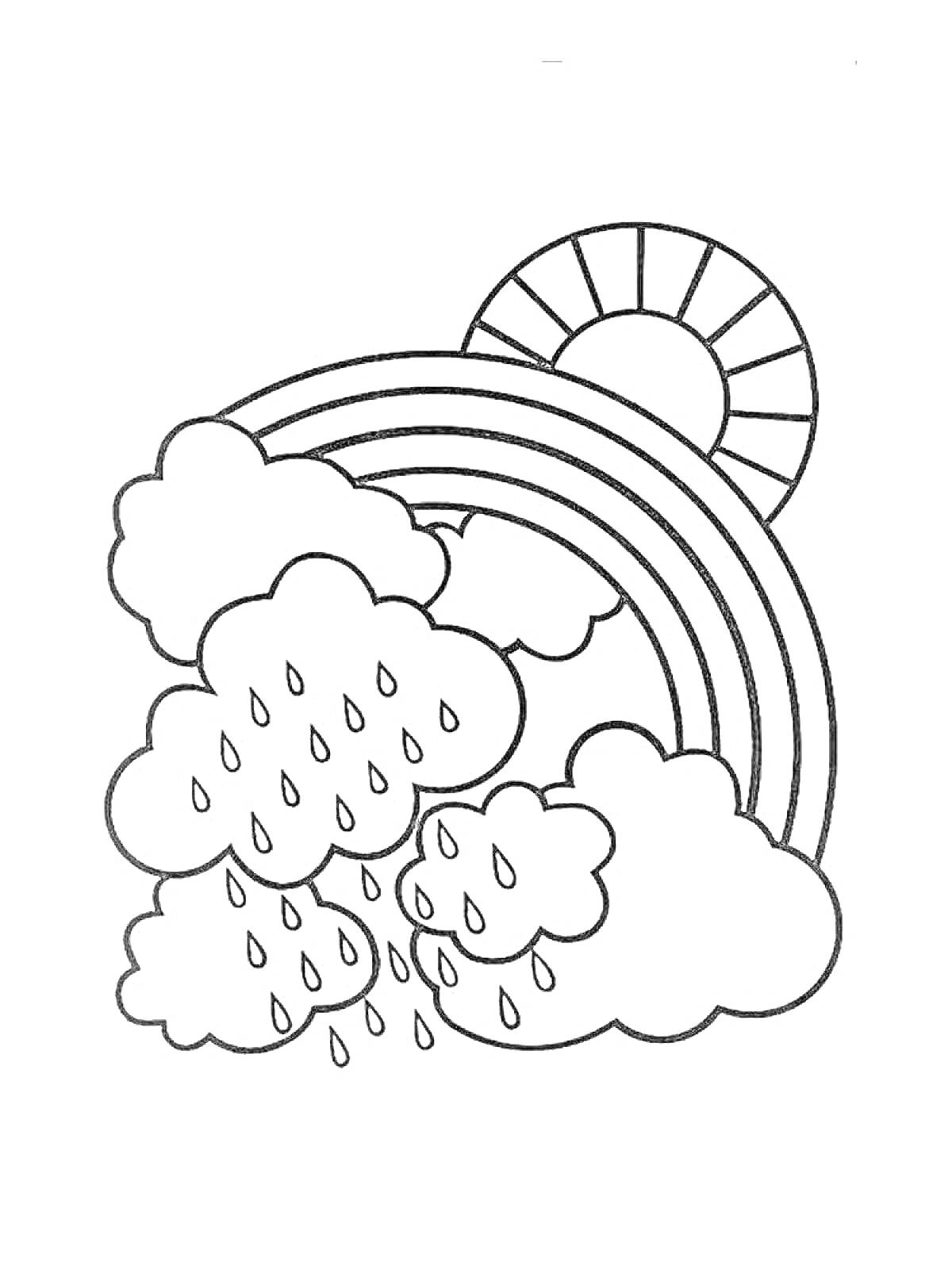 На раскраске изображено: Радуга, Облака, Дождь, Солнце, Природа, Погода, Капли дождя, Небо, Для детей