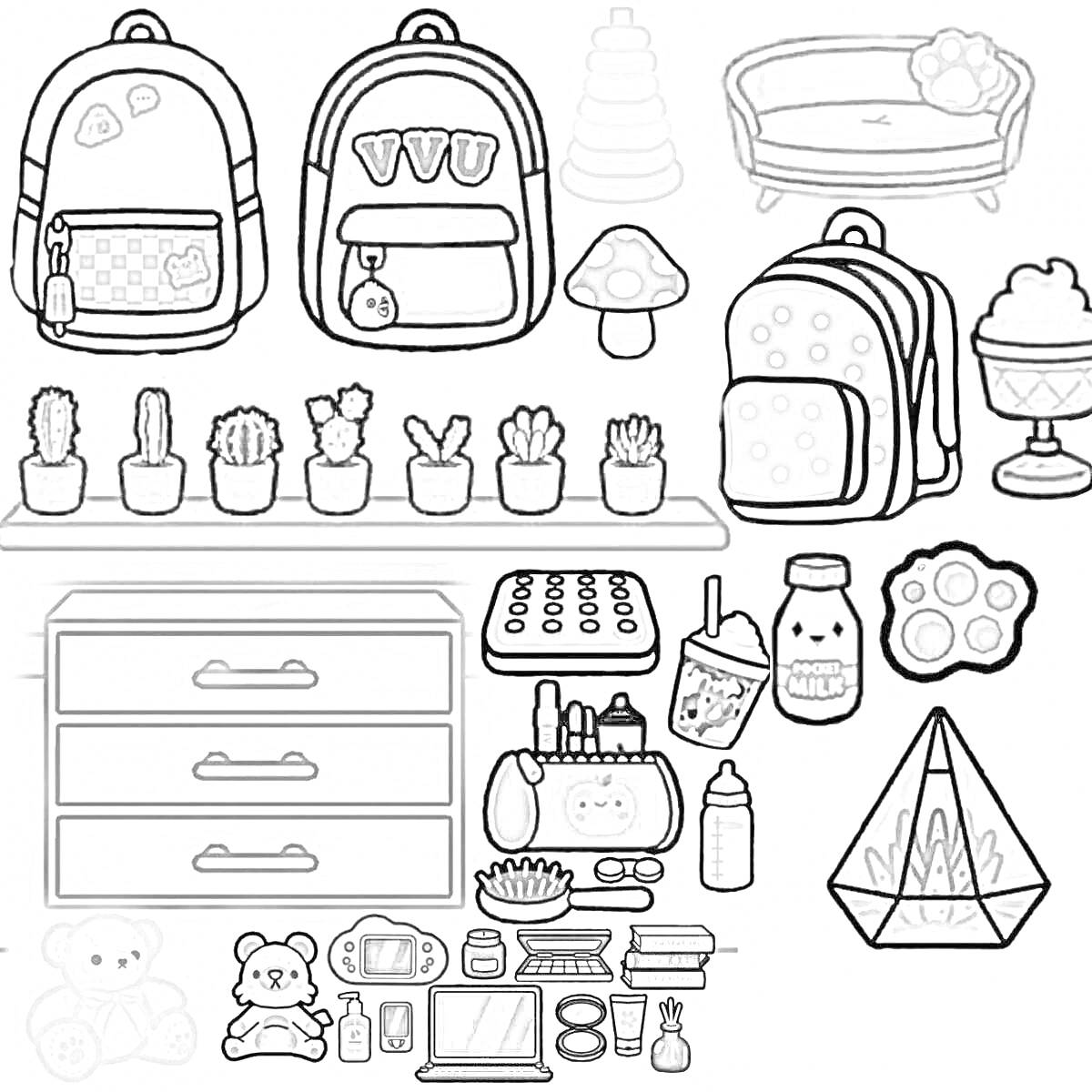 Раскраска Персонажи из Toca Boca с домашними предметами: рюкзаки, кактусы, шезлонг, игрушки и аксессуары