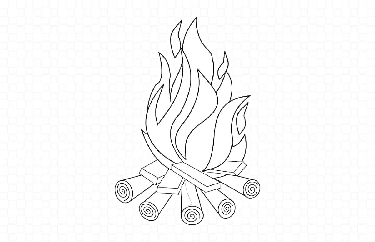 На раскраске изображено: Костер, Огонь, Пламя, Дрова, Природа