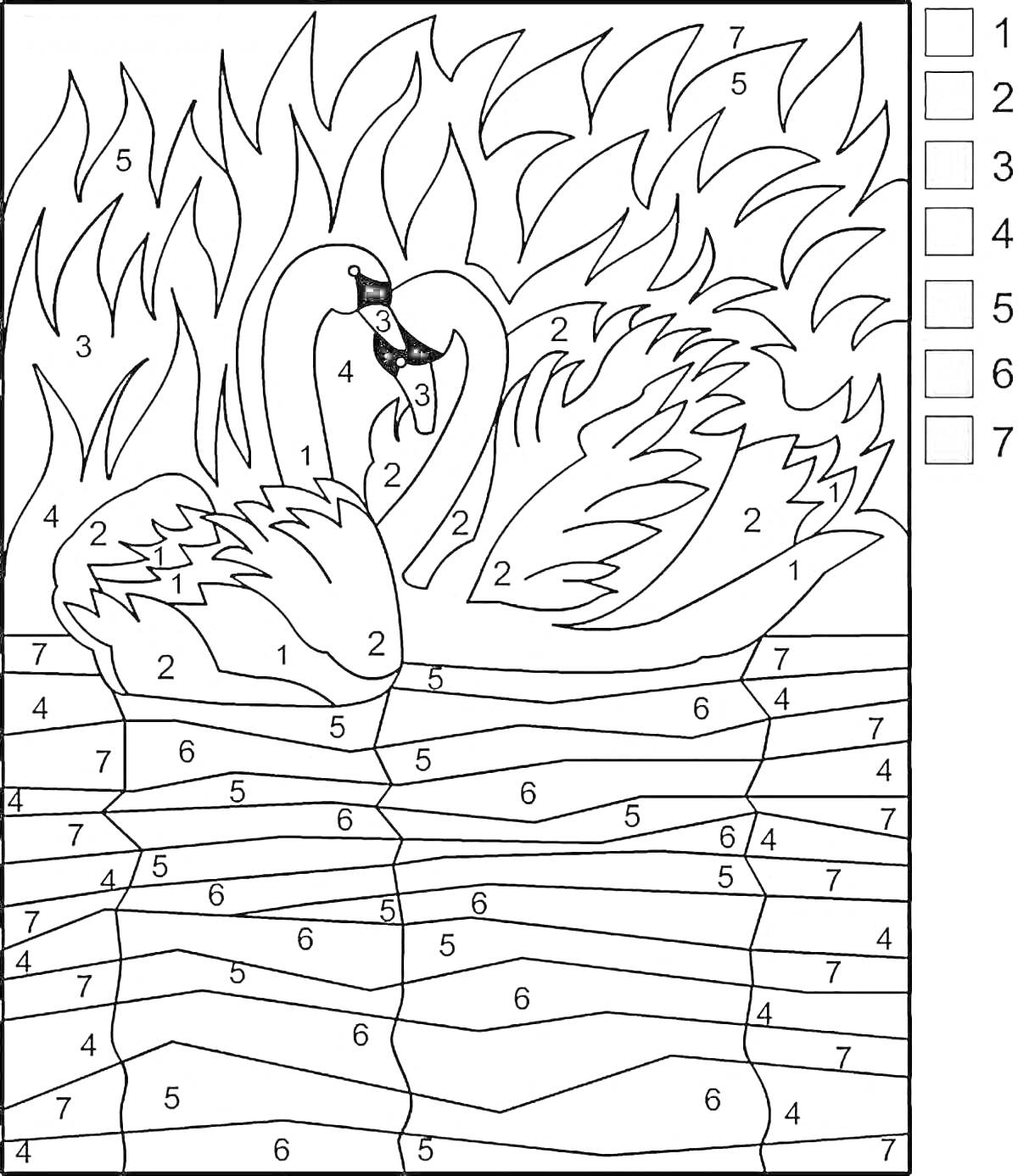 Раскраска Пара лебедей на пруду в окружении пламени, раскраска по номерам