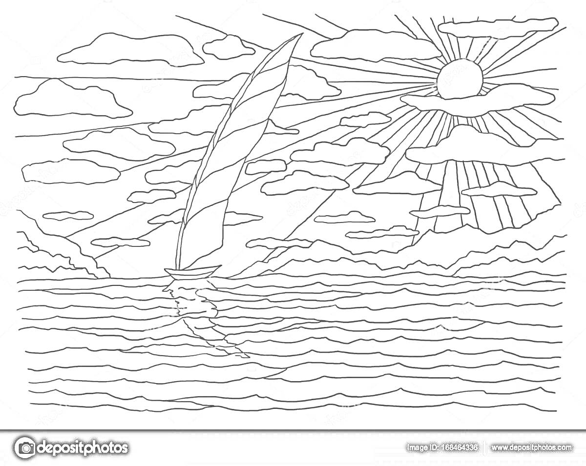 Раскраска Морской пейзаж с яхтой, солнцем и облаками