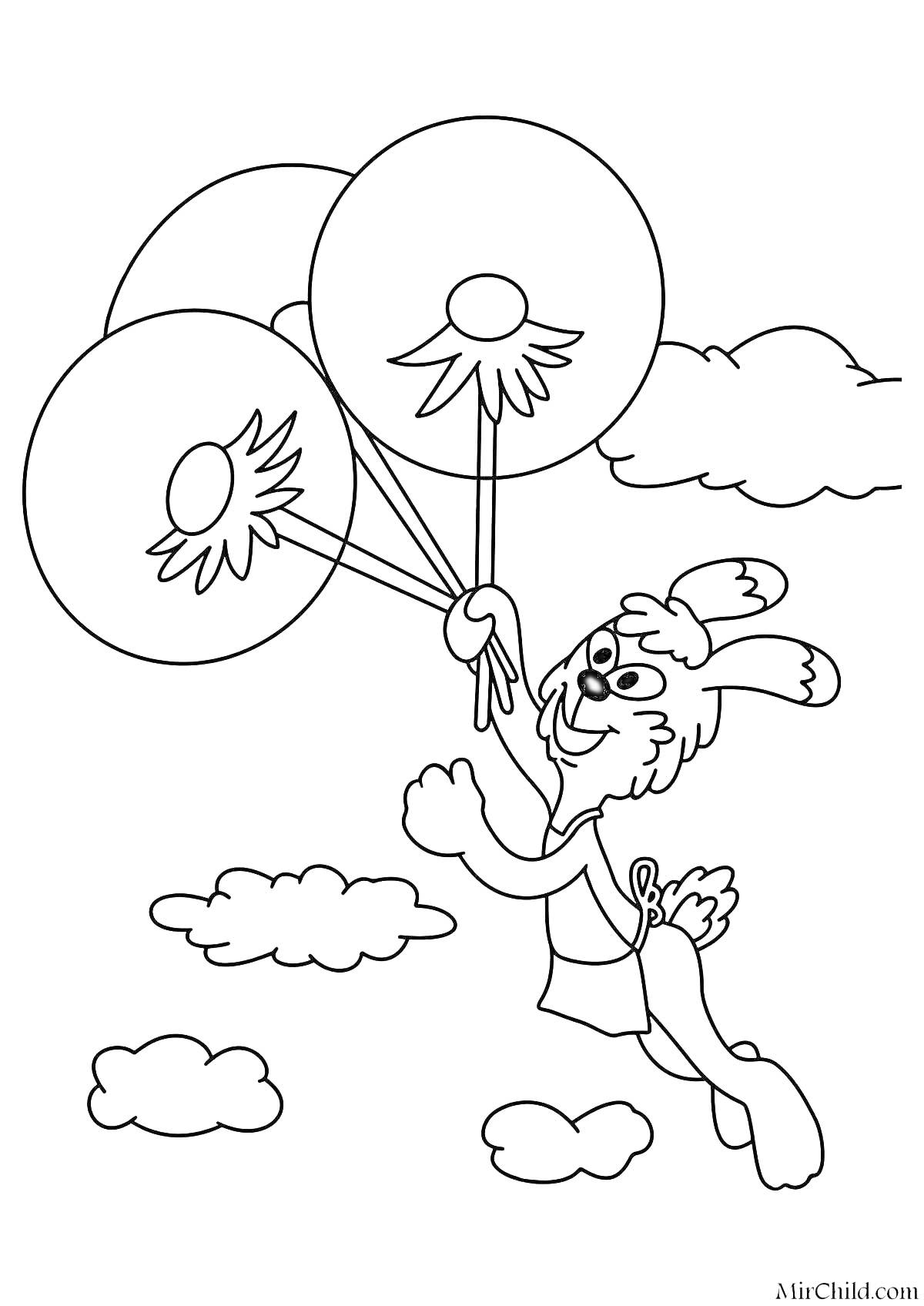 На раскраске изображено: Заяц, Воздушные шары, Облака