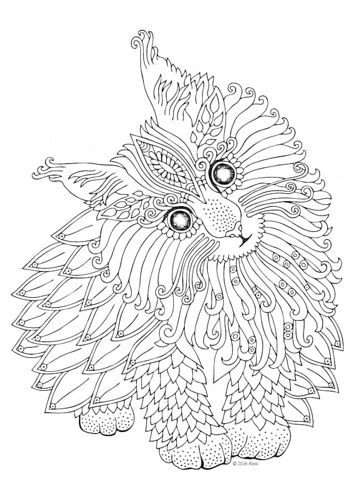 Раскраска Кошка с декоративными узорами, включает сложные и детализированные перьевые и завитковые узоры по всему телу
