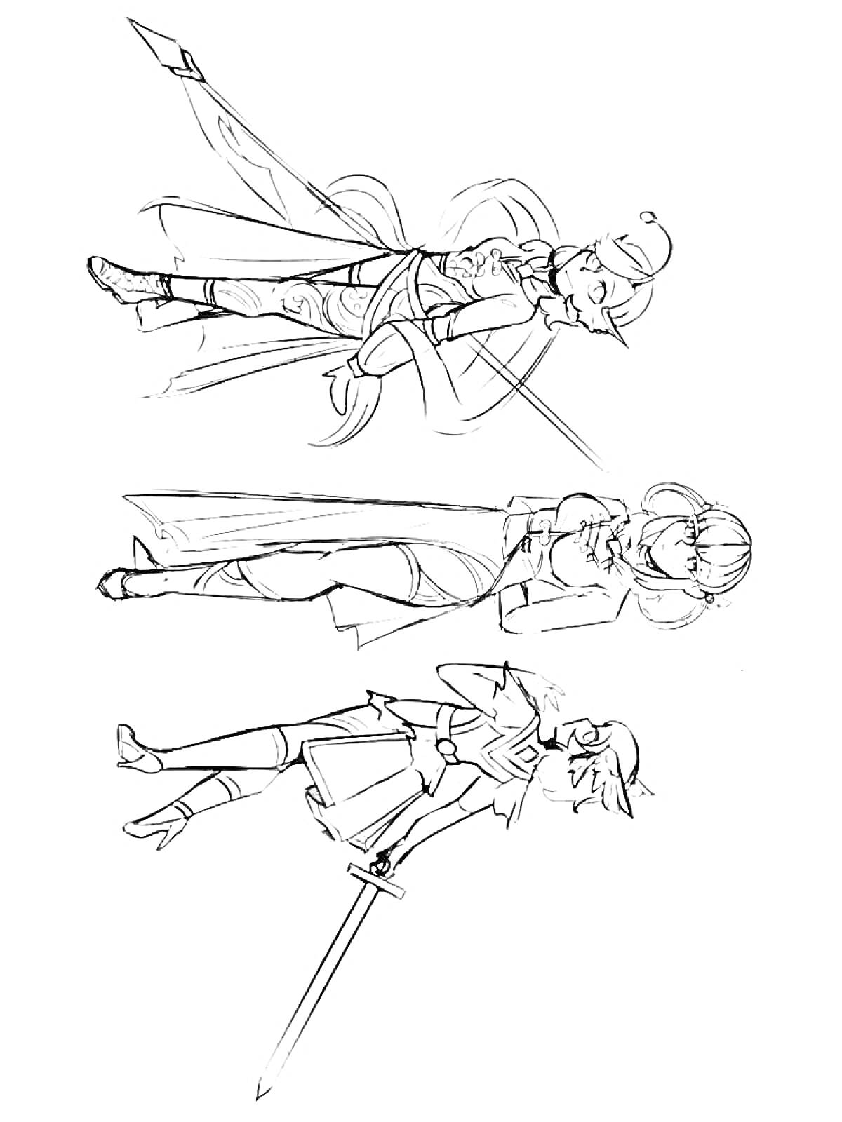Раскраска Три персонажа из Геншин Импакт: стоящий с поднятым оружием, заклинательница с капюшоном, девушка с мечом