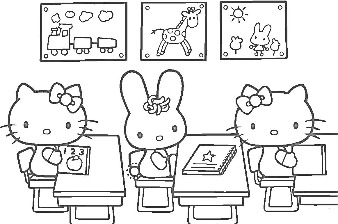 Раскраска Китти в классе с кроликом и анимационными постерами поездов, жирафов и зайцев