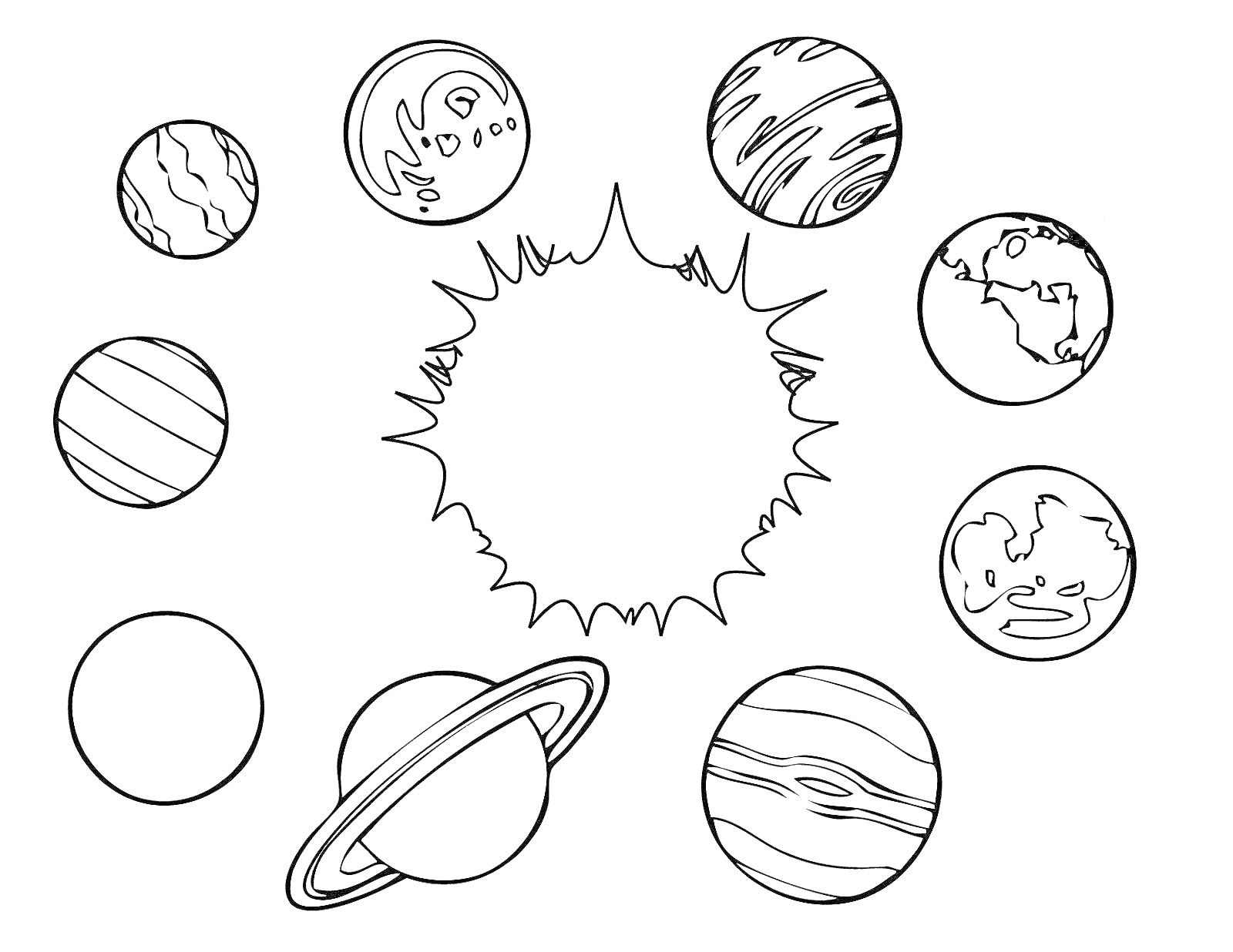 На раскраске изображено: Солнечная система, Планеты, Космос, Солнце, Земля, Астрономия