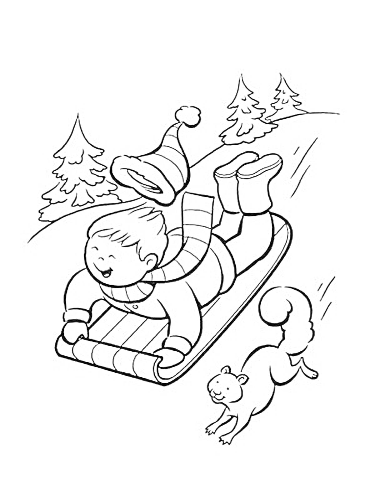 Раскраска Мальчик на санках с енотом на фоне зимнего леса