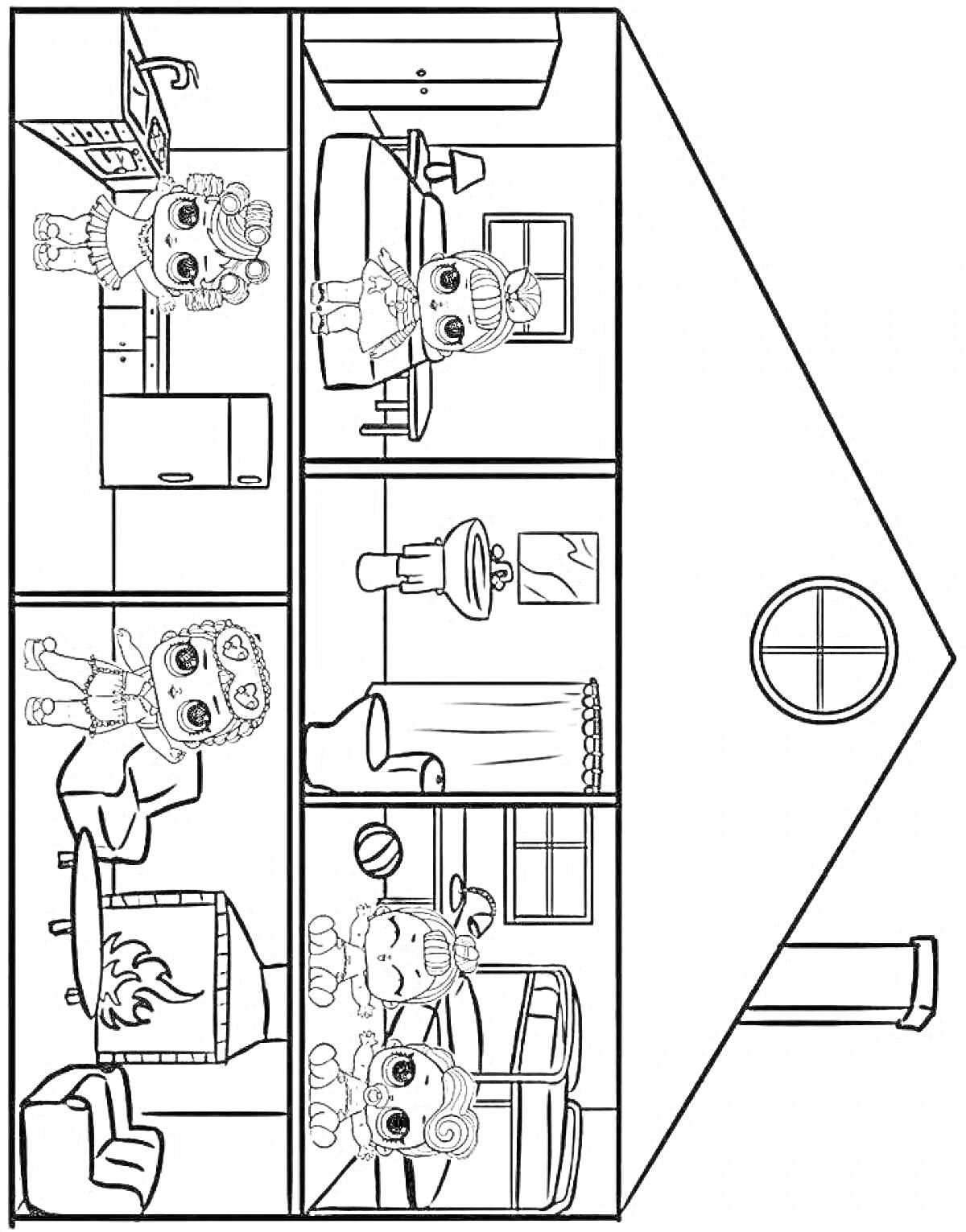 Раскраска Домик ЛОЛ с персонажами в разных комнатах - кухня, спальня, ванная, гостиная, и детская
