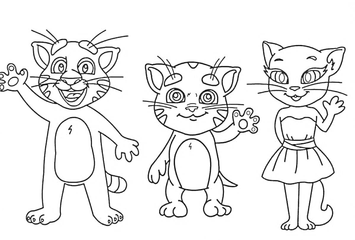 Раскраска три кошки, персонажи стоят и машут лапами, одна кошка в платье