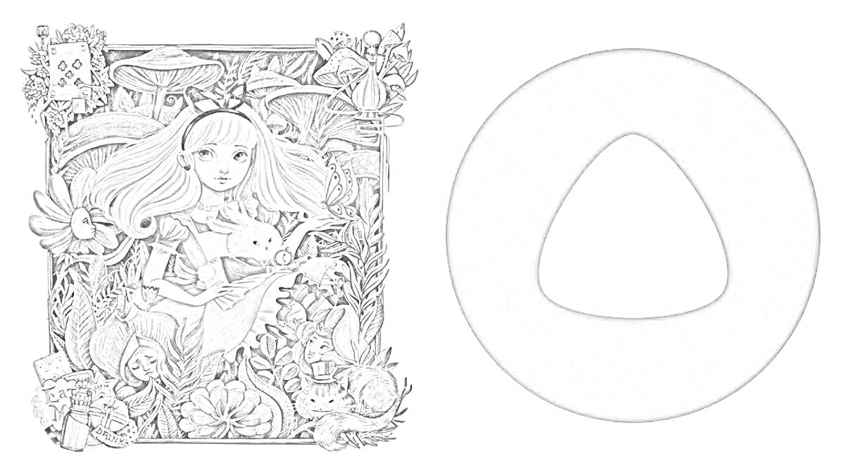 На раскраске изображено: Алиса в Стране Чудес, Цветы, Кролик, Карта, Символы