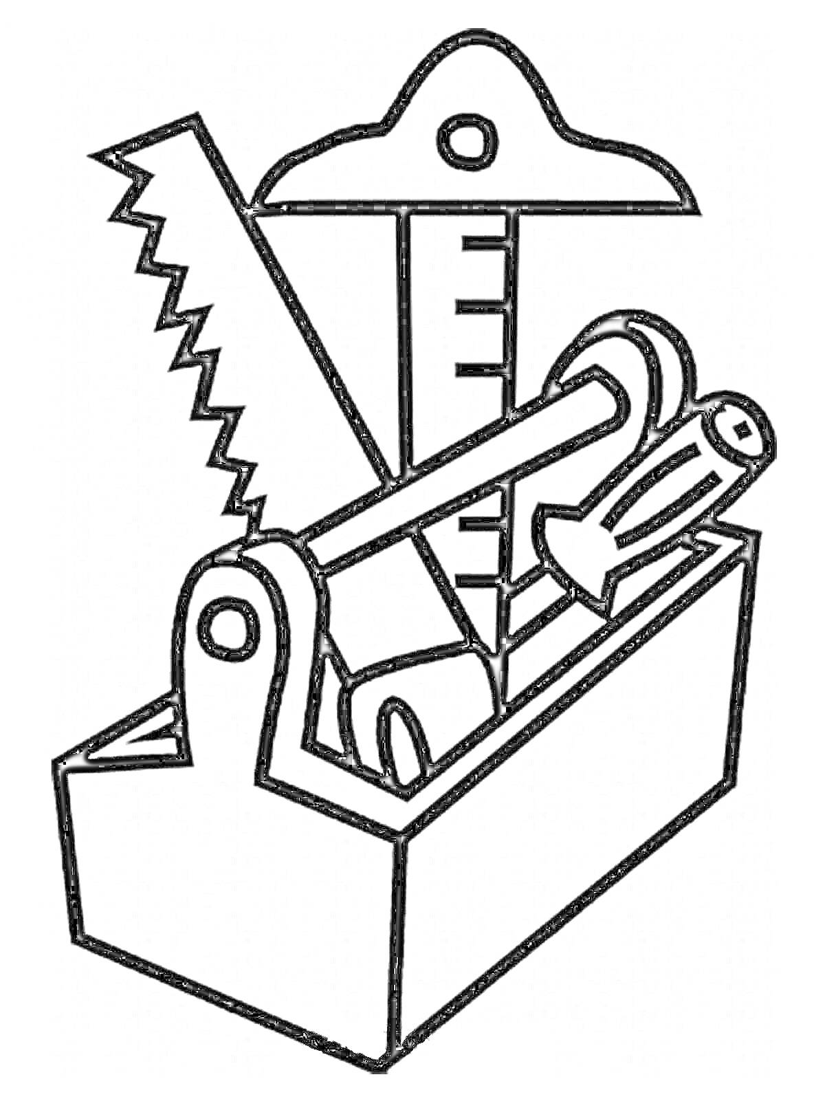 Раскраска Ящик с инструментами, включающий пилу, молоток, гаечный ключ и отвертку