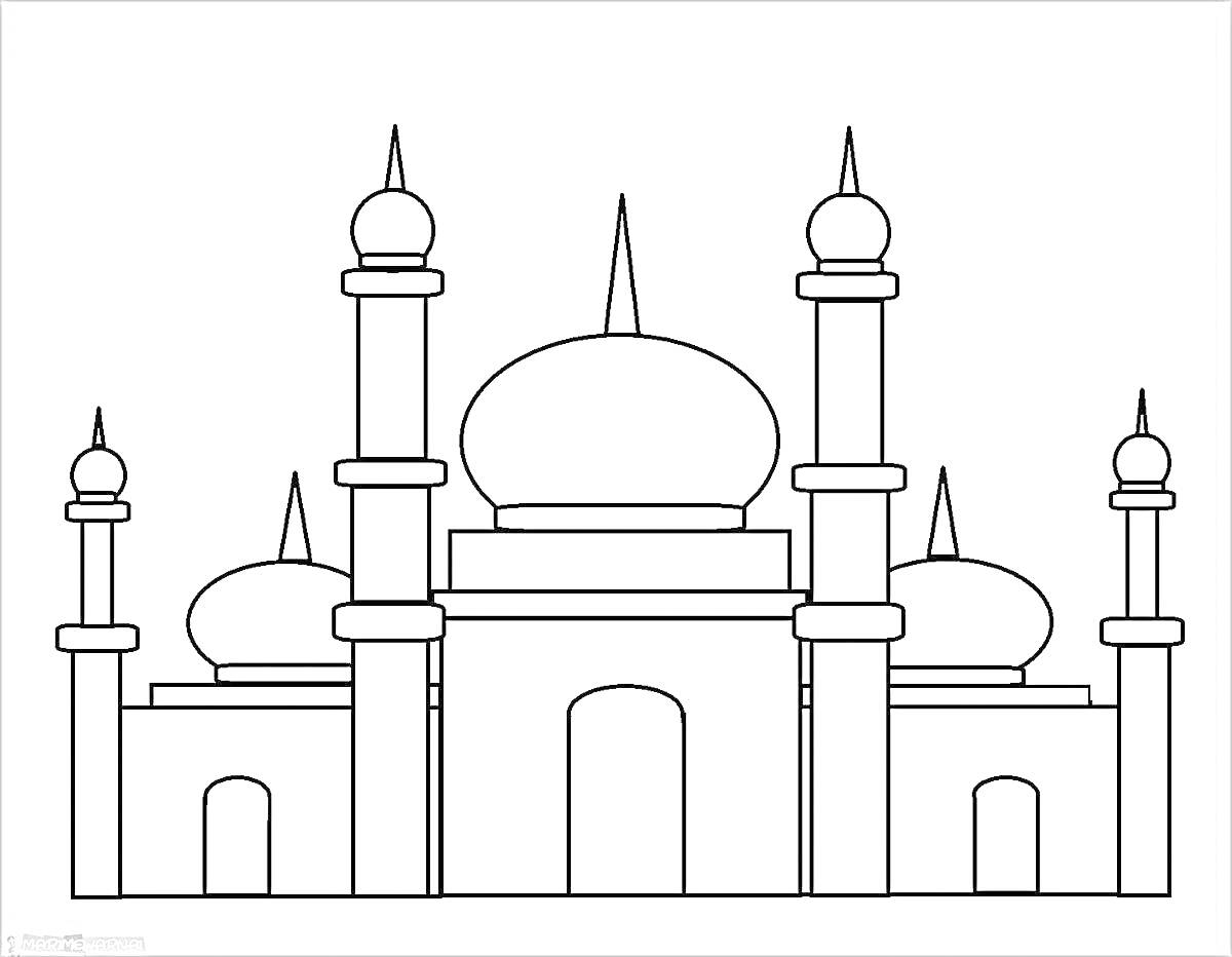 На раскраске изображено: Мечеть, Купола, Башни, Арочные двери, Архитектура, Религиозное здание