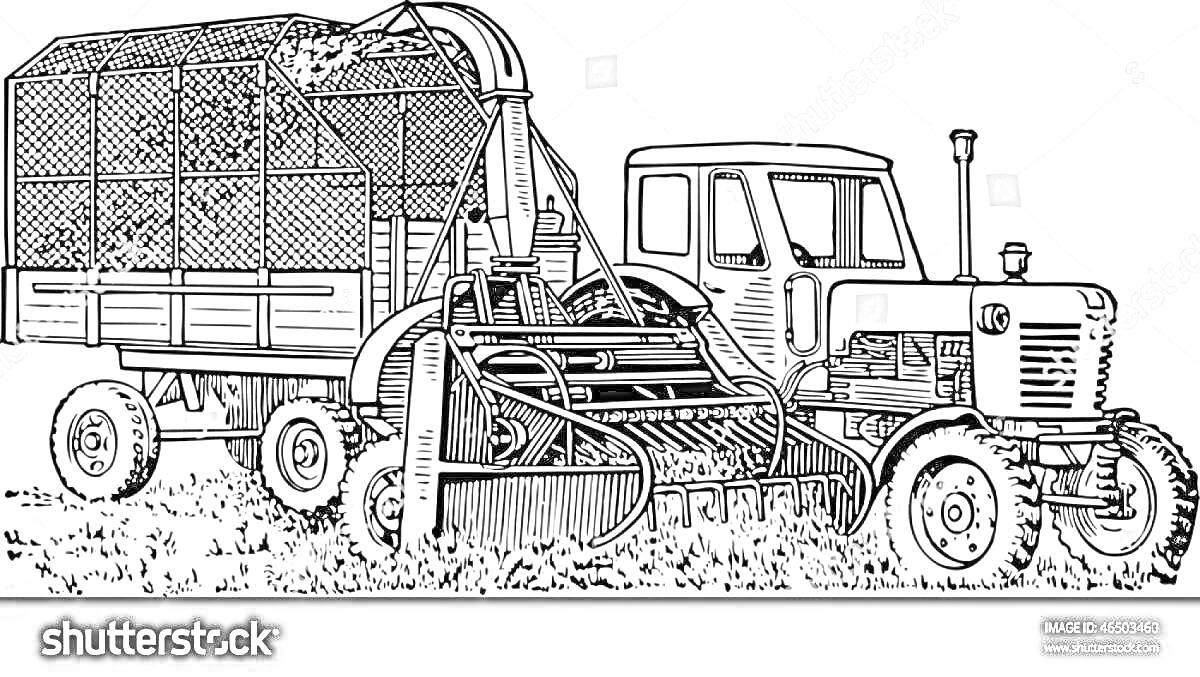 На раскраске изображено: Трактор, Прицеп, Сельскохозяйственная техника, Поле, Сельское хозяйство, Агротехника