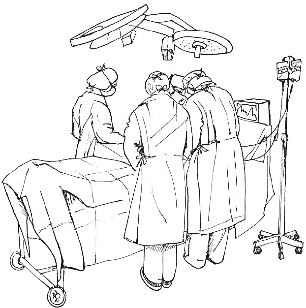 На раскраске изображено: Операционная, Операция, Операционный стол, Медицинское оборудование, Капельница, Медицина, Больница