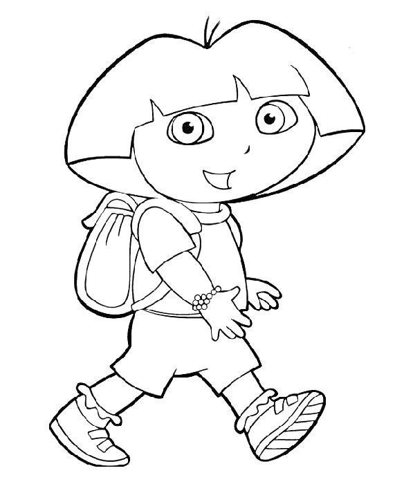 Раскраска Даша Путешественница с рюкзаком, браслетом и кроссовками, идущая пешком