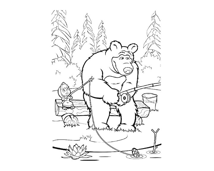 Медведь и маленький зверёк с удочками на берегу возле озера в лесу