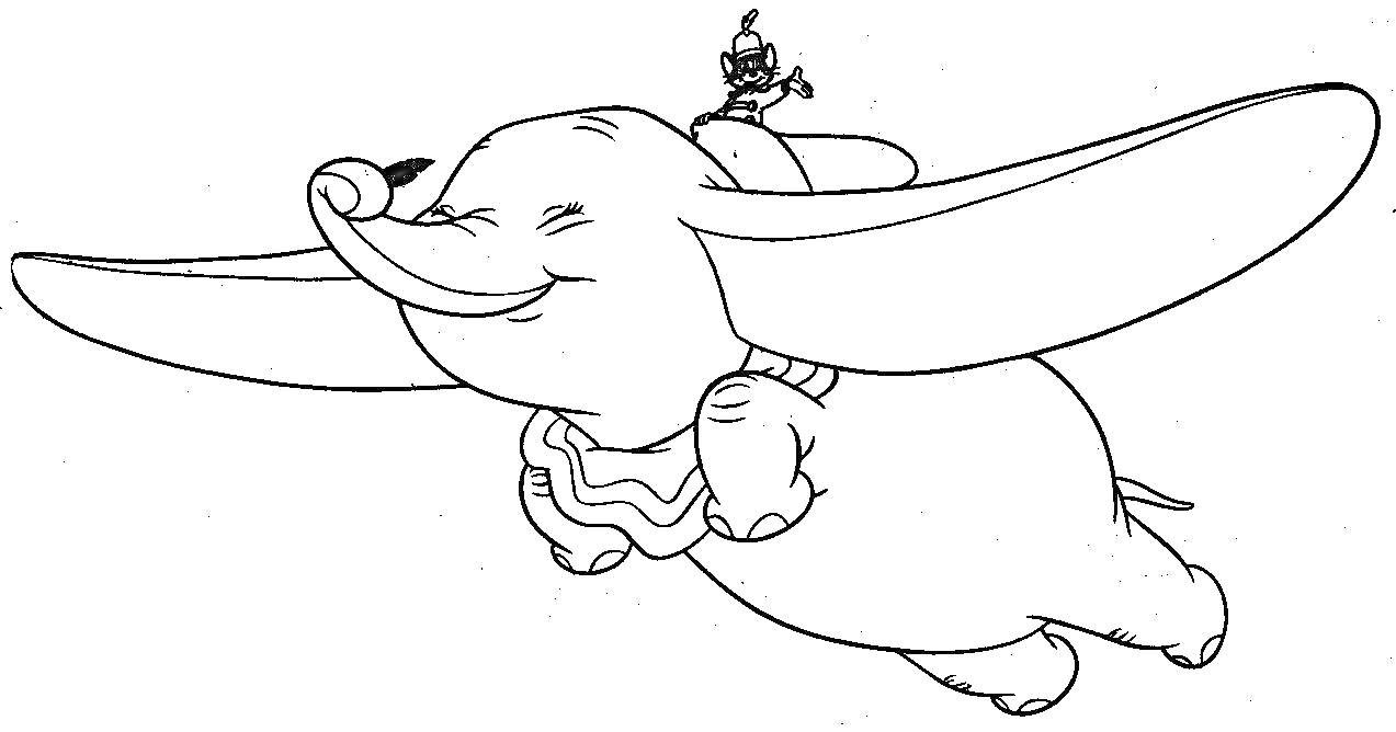Раскраска Дамбо летит с мышонком на спине