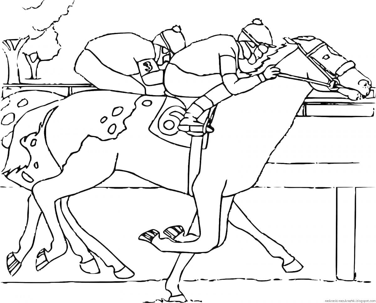 На раскраске изображено: Скачки, Спорт, Для детей, Лошадь, Соревнования