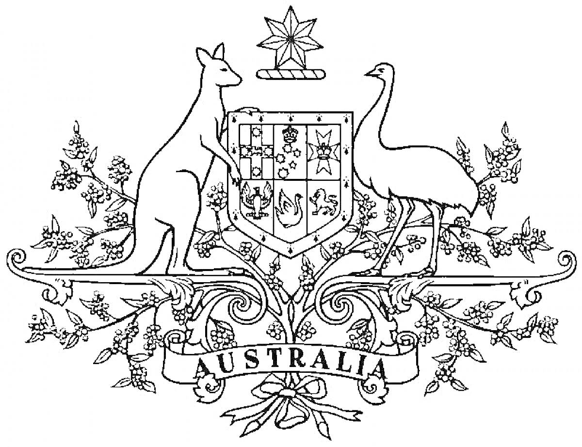 Раскраска Герб Австралии с кенгуру и эму, растениями и лентой с надписью 