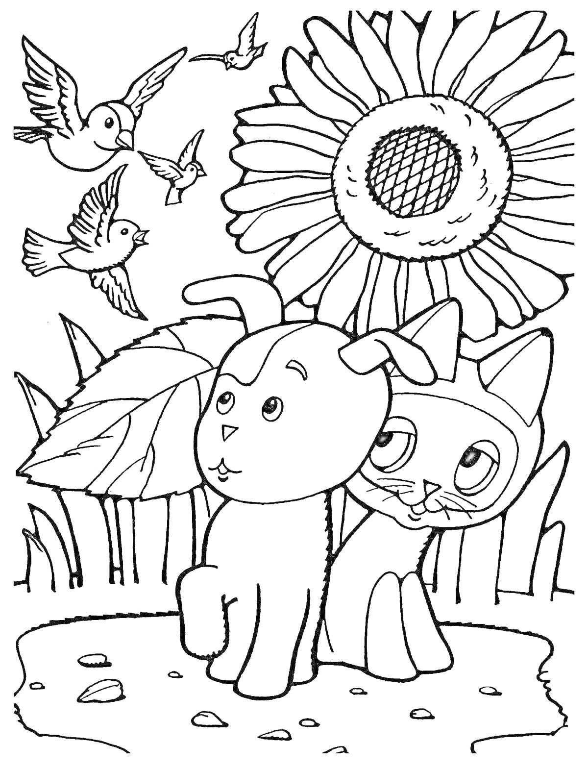 Раскраска Дружба котенка и щенка под подсолнухом с птицами