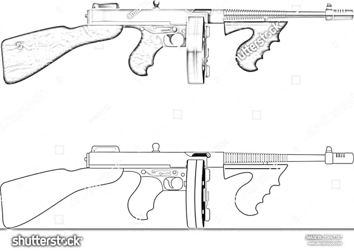 Раскраска цветная и черно-белая раскраска пистолета-пулемета Томпсона с деревянными деталями