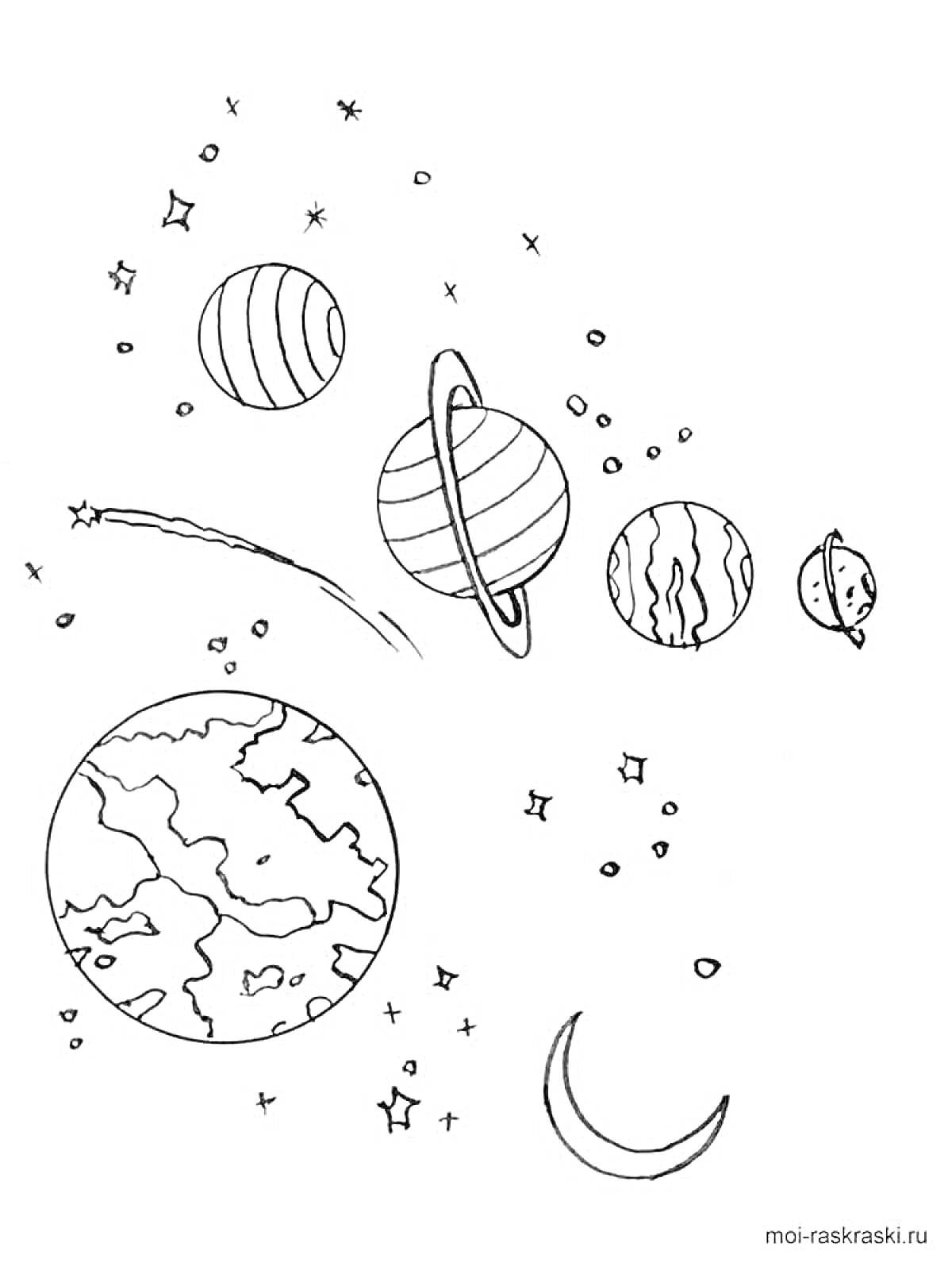 На раскраске изображено: Космос, Планеты, Звезды, Луна, Комета, Астрономия, Сатурн