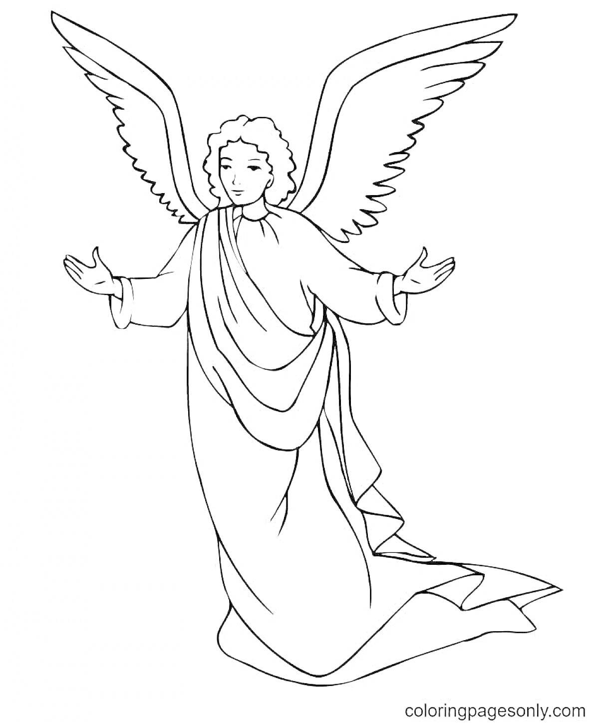 На раскраске изображено: Ангел, Крылья, Поднятые руки, Одеяние, Нимб