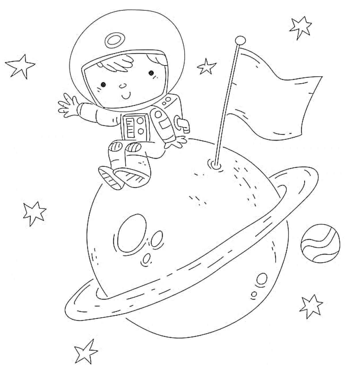 Раскраска Космонавт, сидящий на планете с кольцами и флагом в одной руке, звезды и маленькая планета вокруг