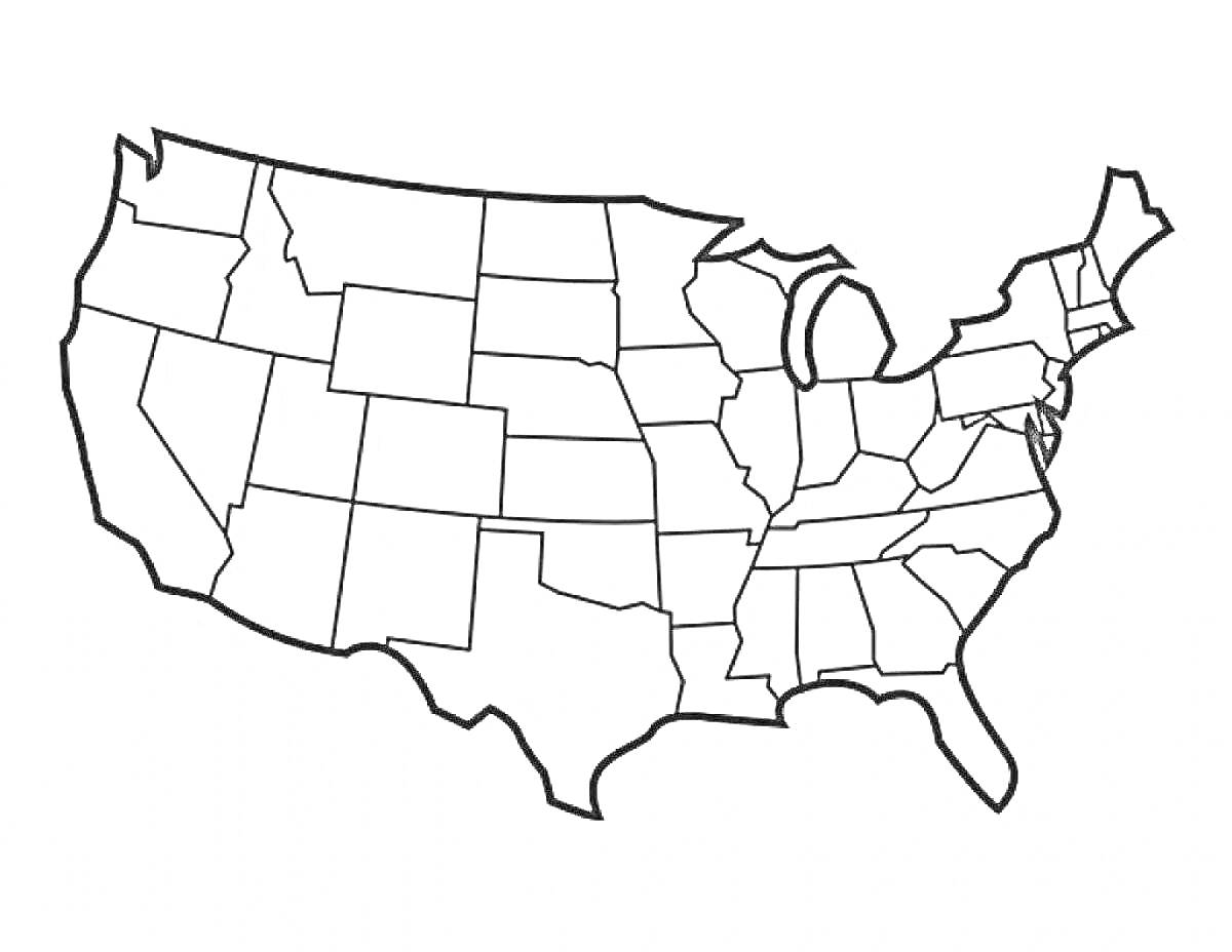 Раскраска карта США с границами штатов