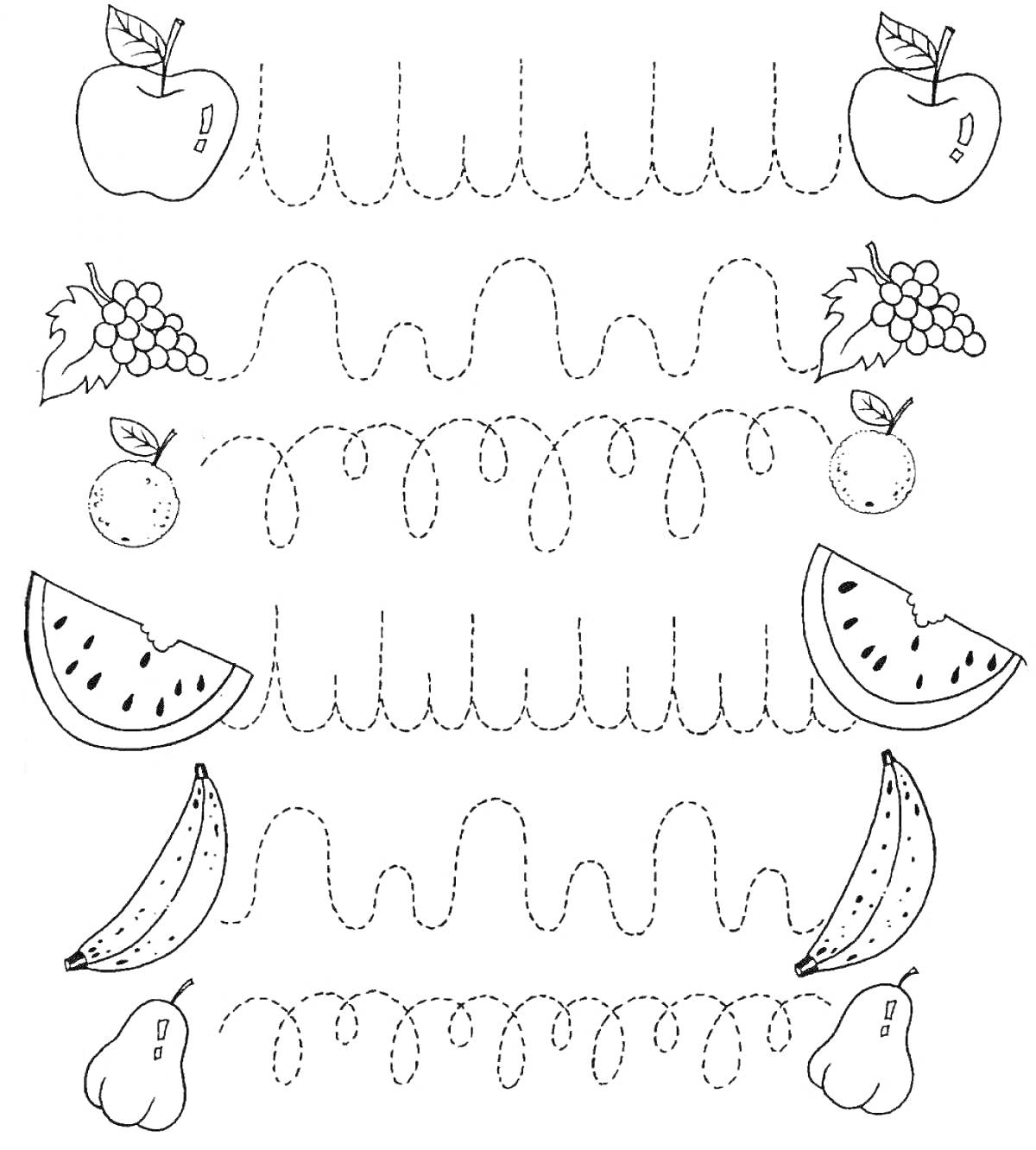 Раскраска Обводи линии – яблоки, виноград, апельсины, арбуз, банан, груша