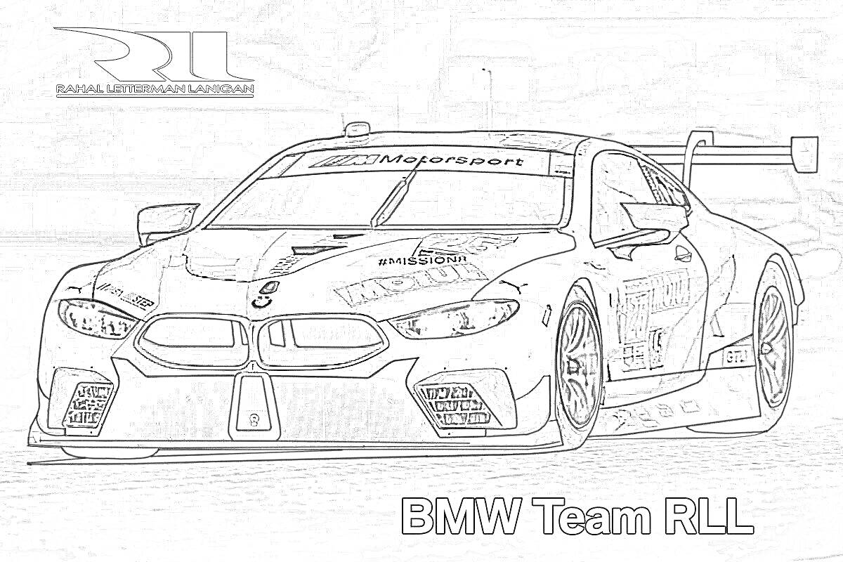 Раскраска Гоночная раскраска BMW Team RLL с изображением автомобиля BMW 8 серии, спойлером, логотипами и текстом BMW Team RLL