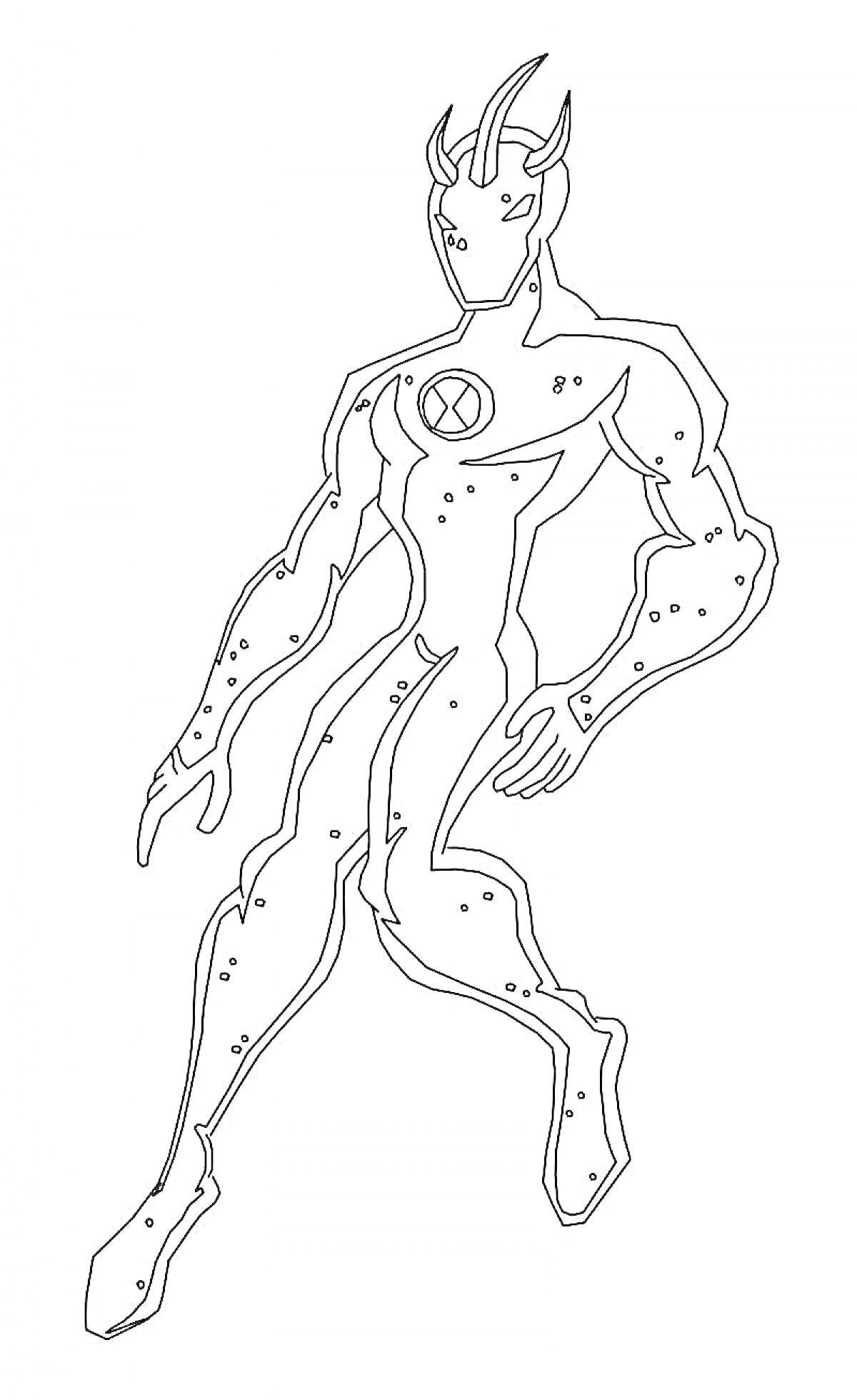 Раскраска Супергерой Гуманоид с шипами на голове (Бен 10), стоящий с вытянутыми руками