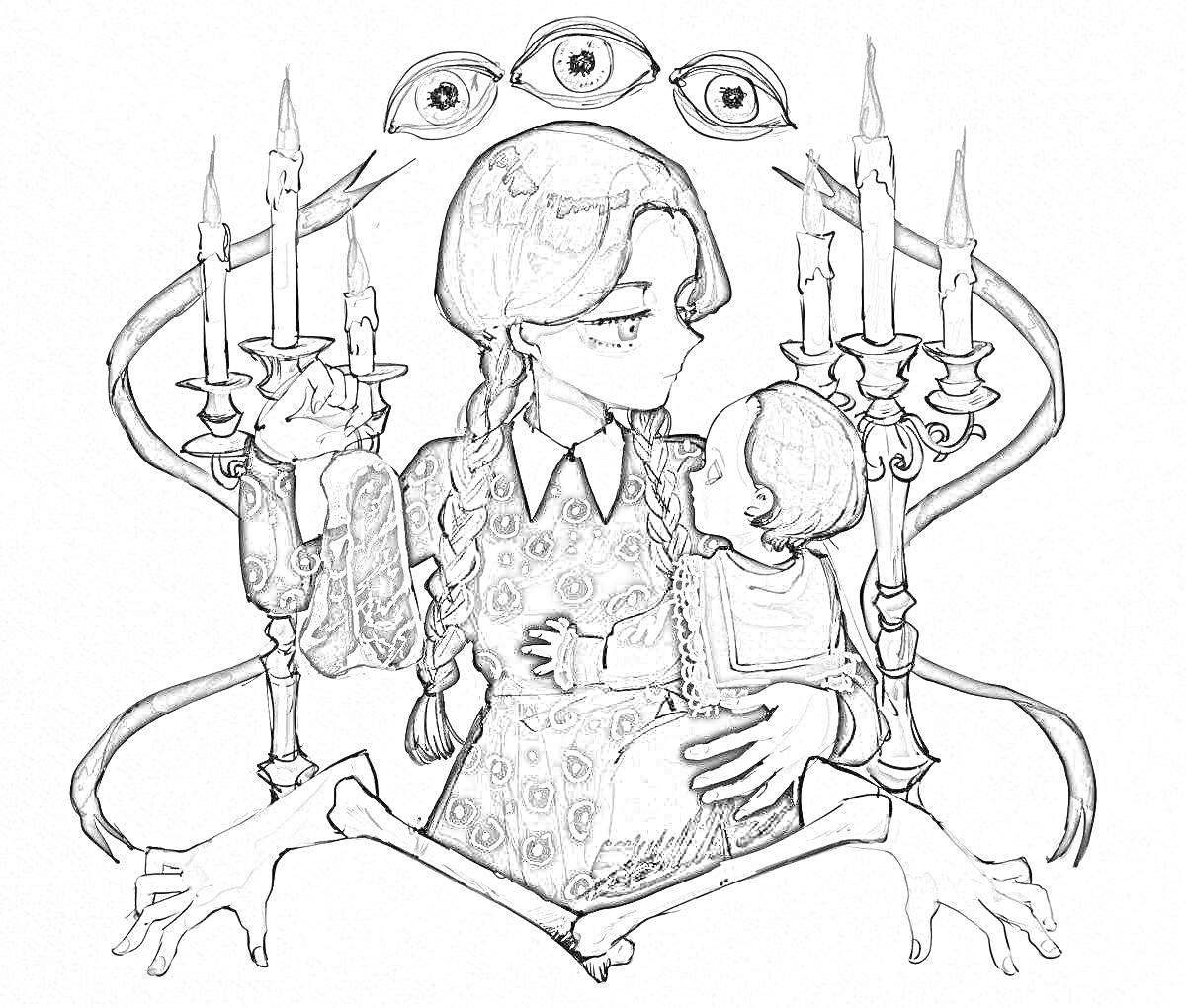 Раскраска Уэнздей Аддамс держит руку и младенца, окруженная свечами на держателях и тентаклями, с тремя глазами наверху